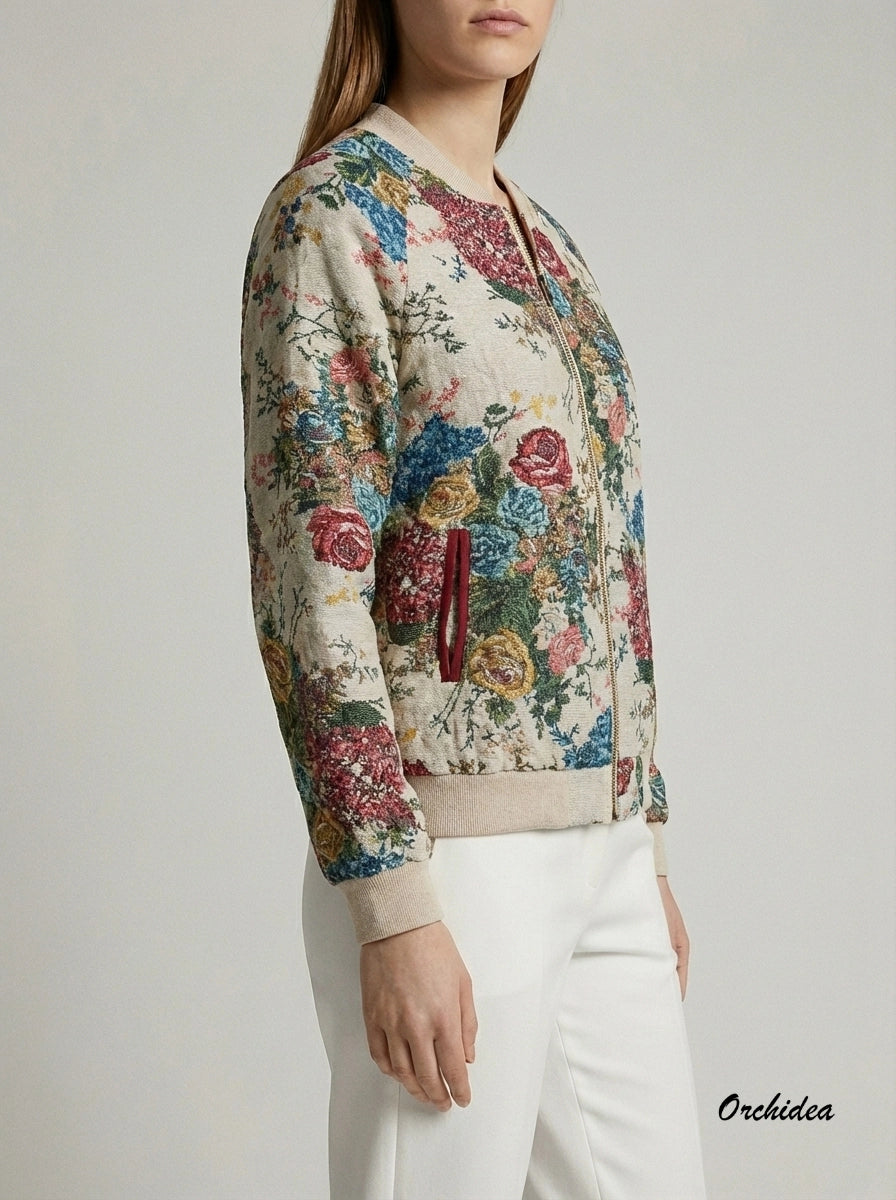Květinový bomber z tapiserie s vínovými detaily