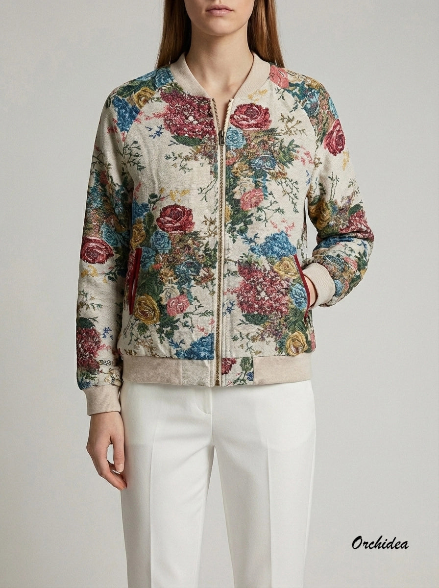 Květinový bomber z tapiserie s vínovými detaily