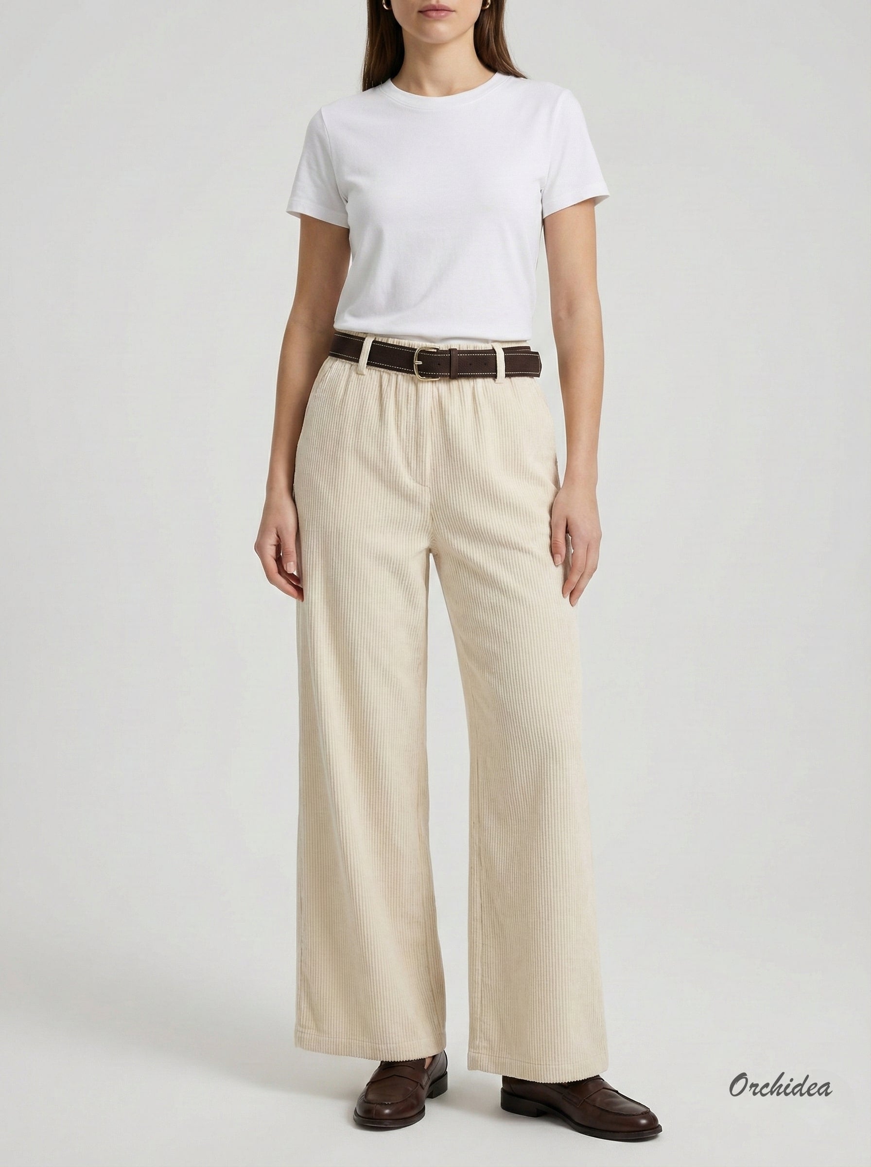 Krémové manšestrové kalhoty s širokými nohavicemi