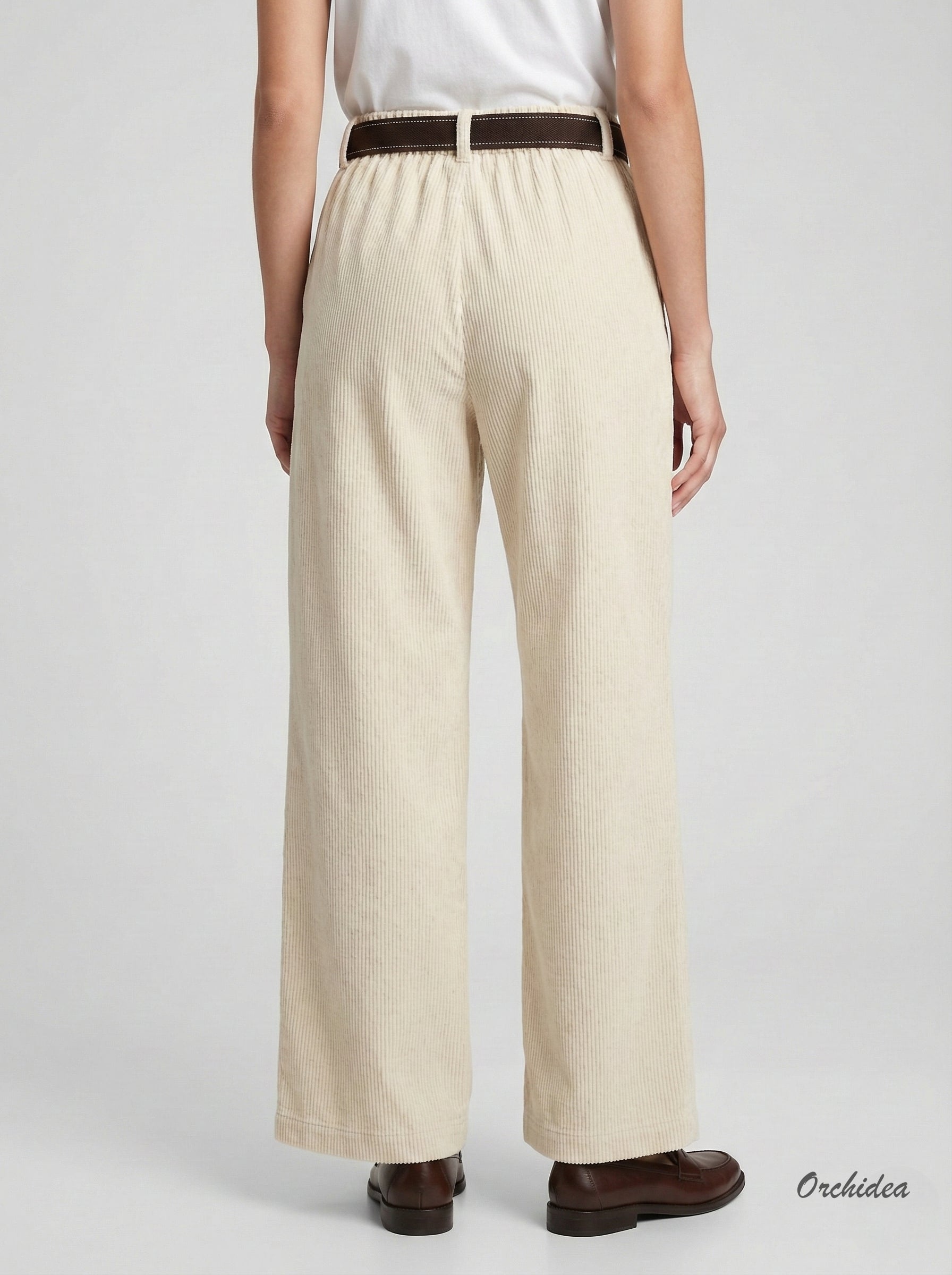 Krémové manšestrové kalhoty s širokými nohavicemi