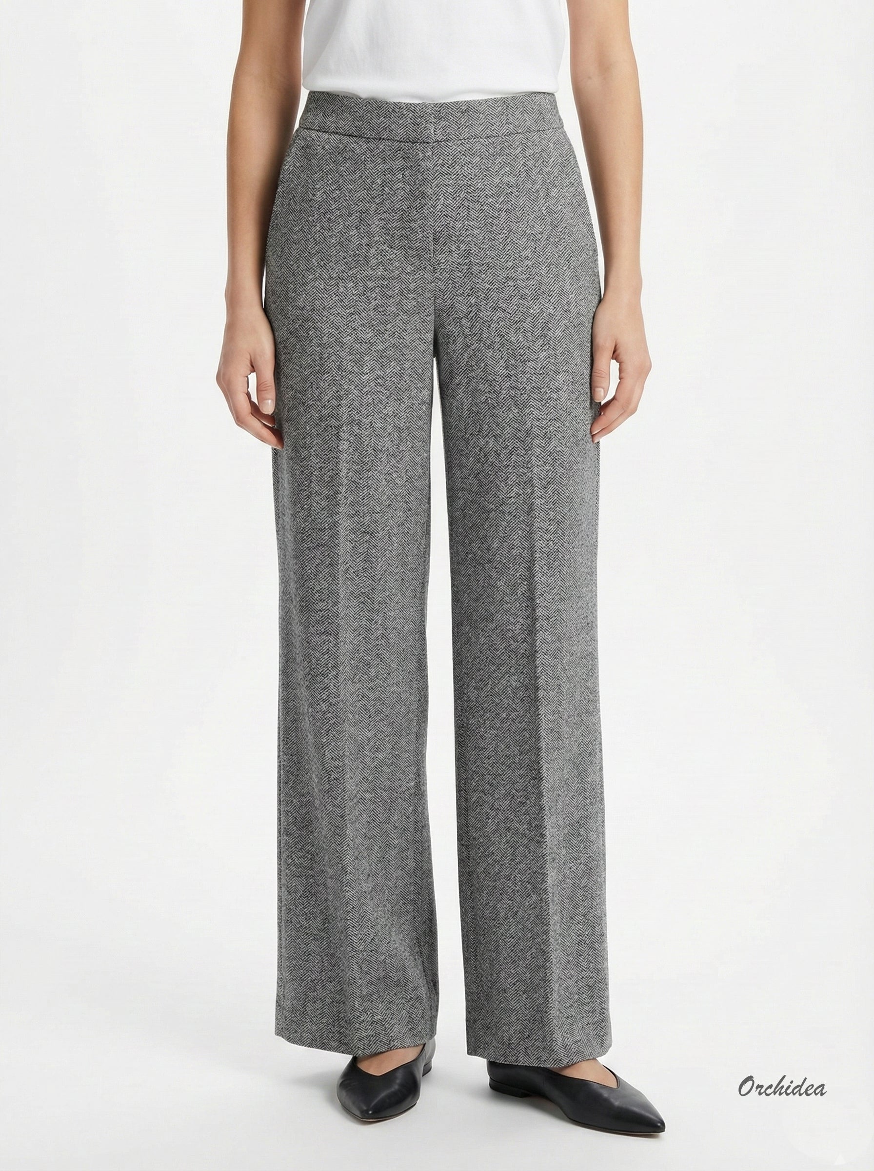 Šedé kalhoty se vzorem rybí kosti