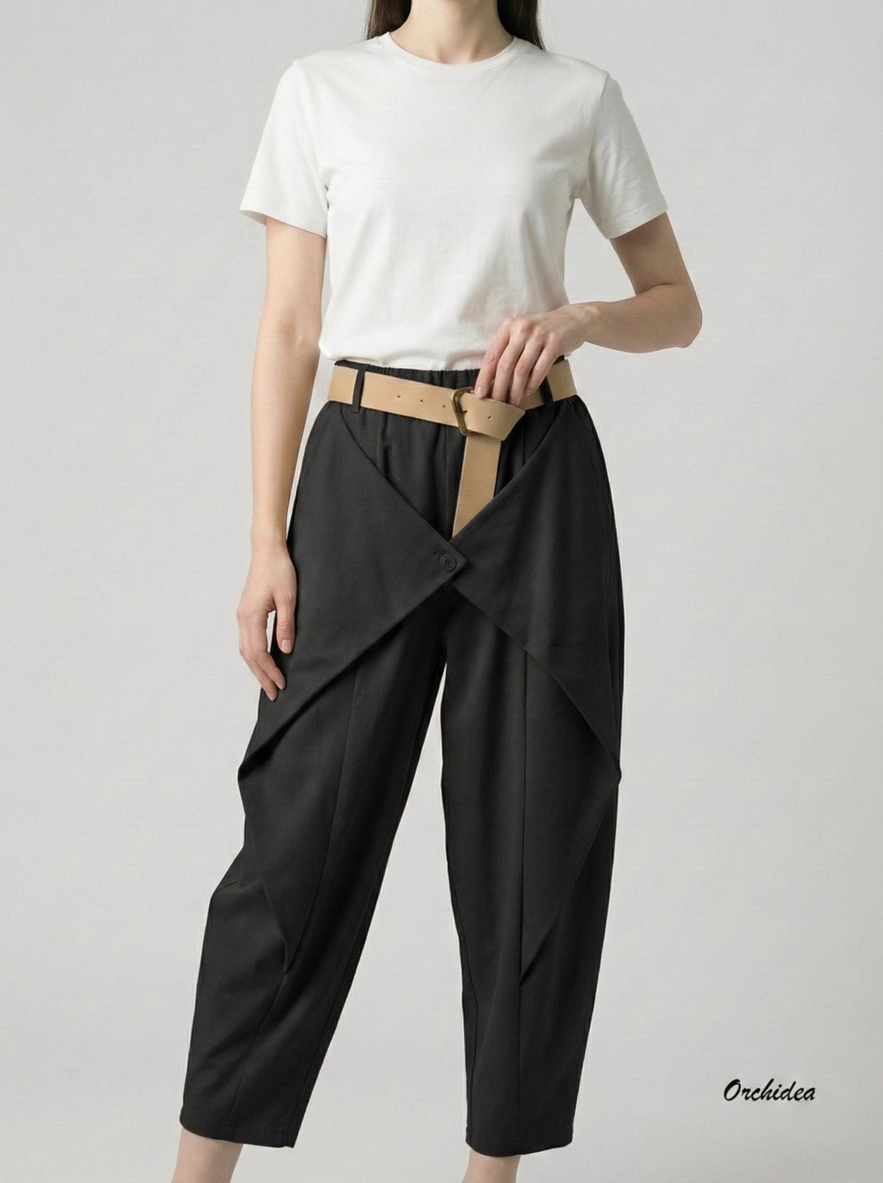 Designové kalhoty s originálním překřížením a páskem