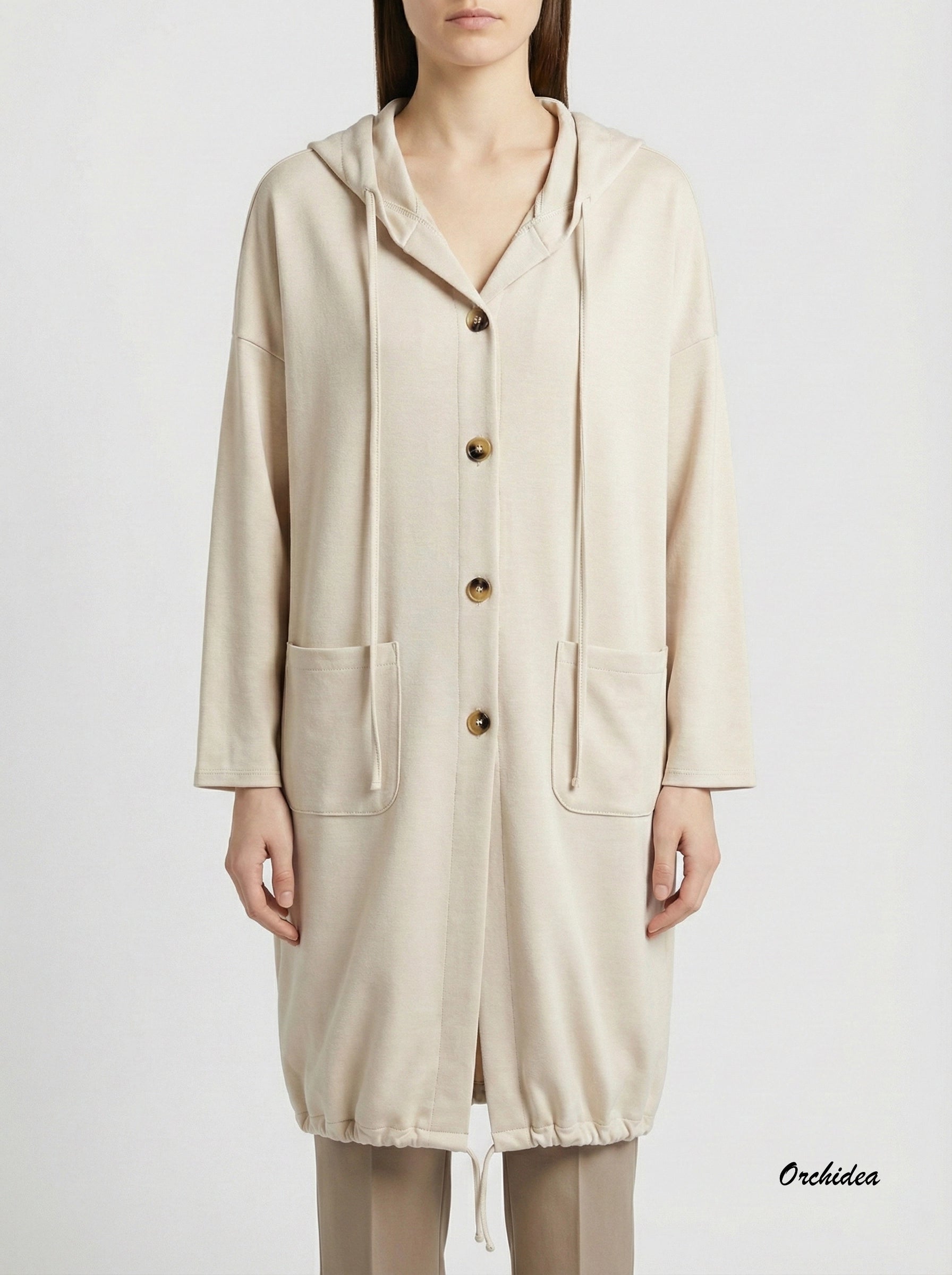 Krémový kardigan s kapucí a stahováním