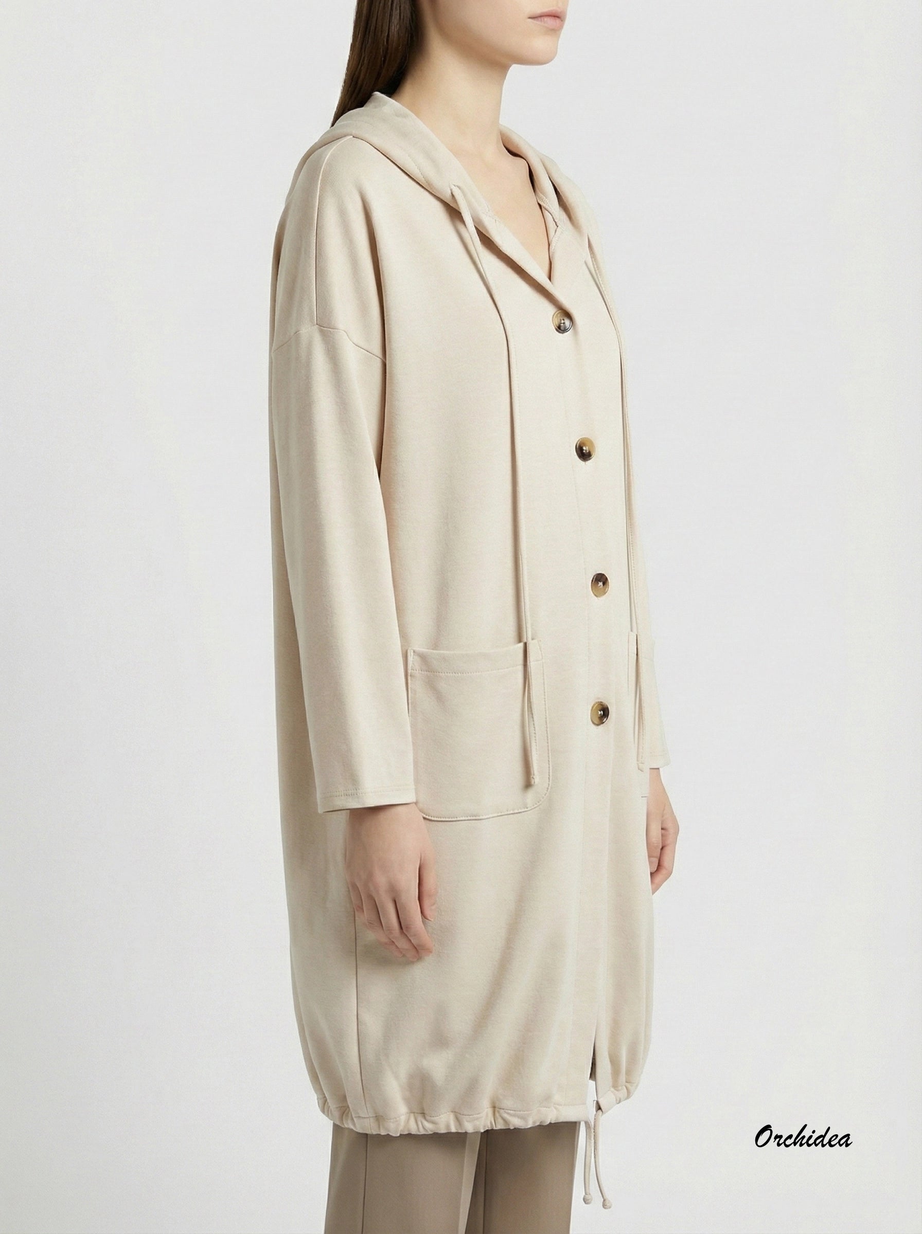 Krémový kardigan s kapucí a stahováním