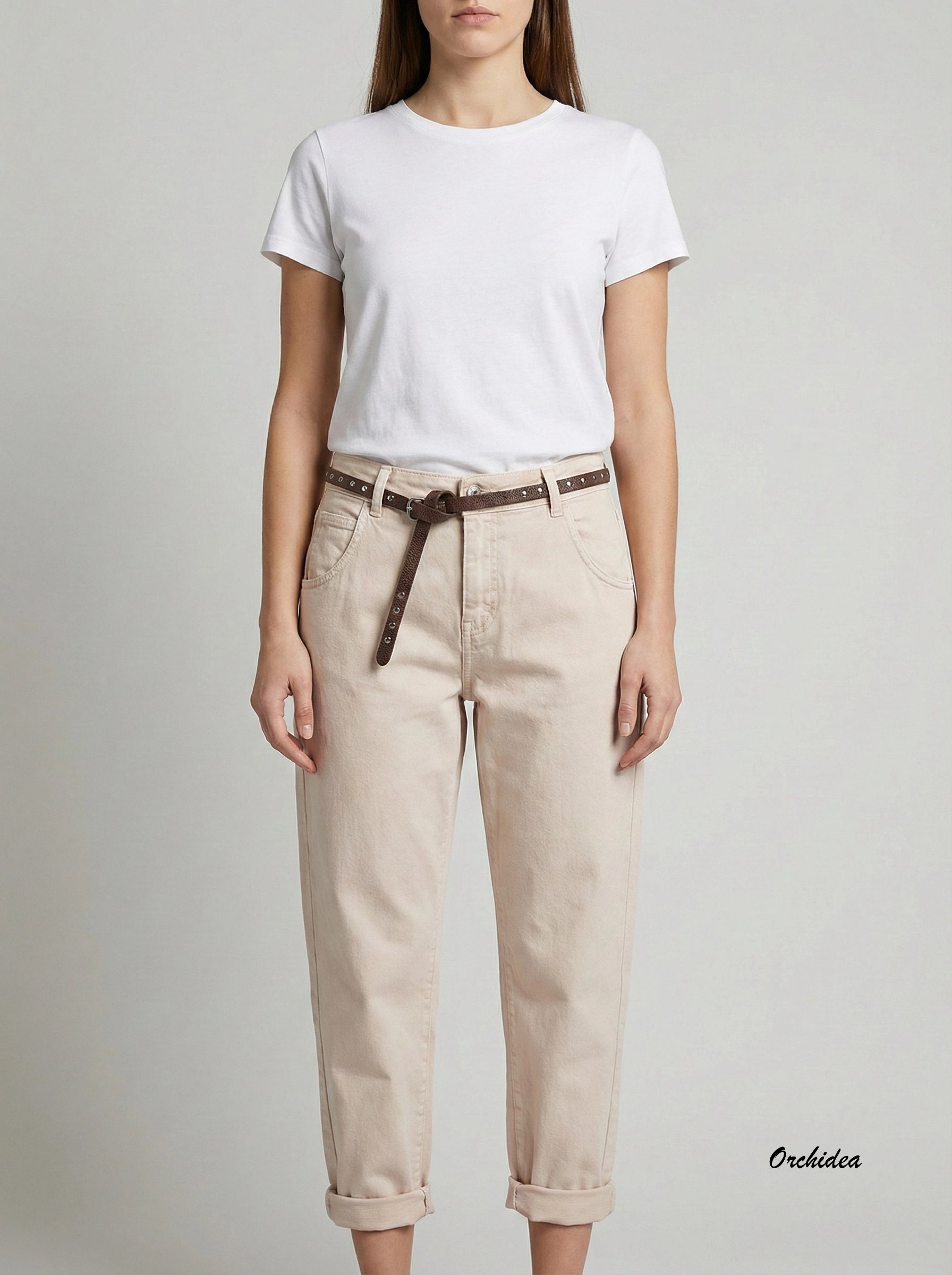 Stylové pudrové kalhoty s páskem