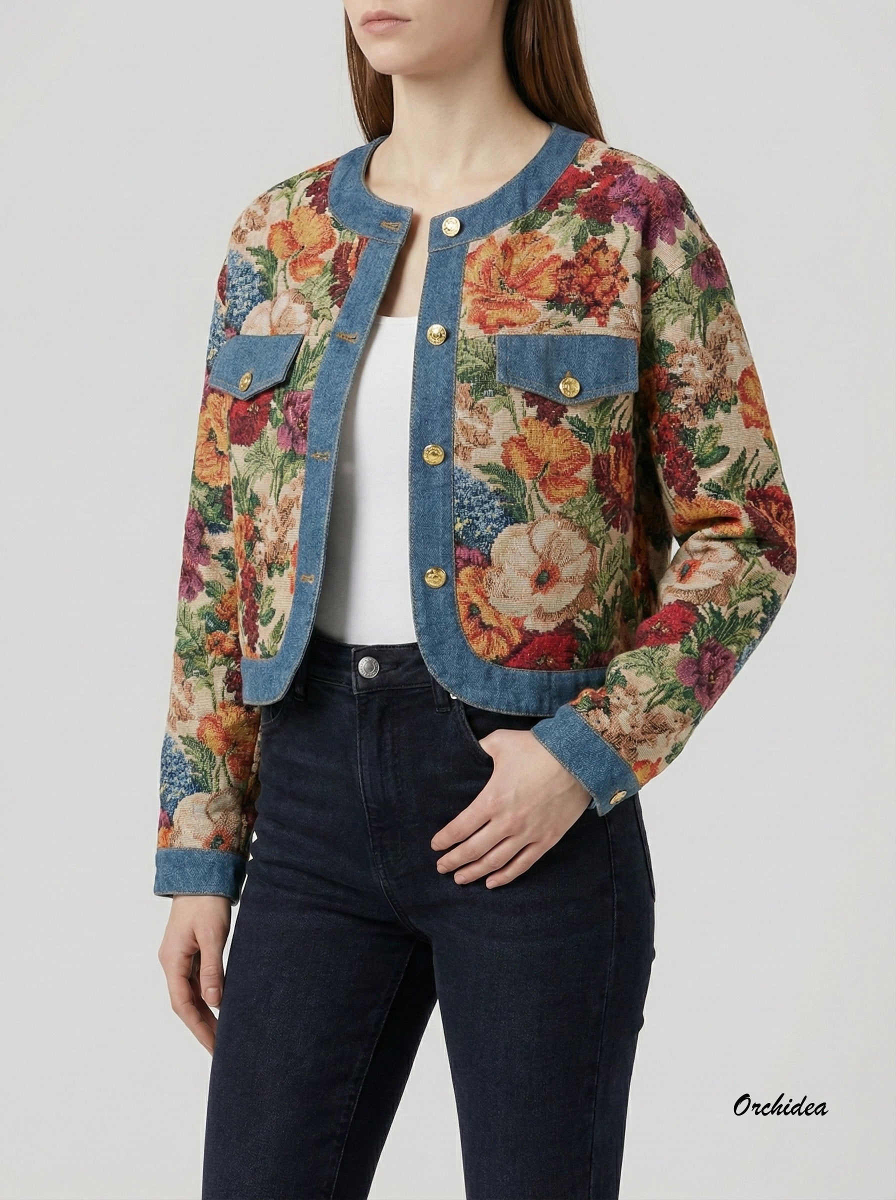 Květinová tapiserie bunda s džínovými detaily