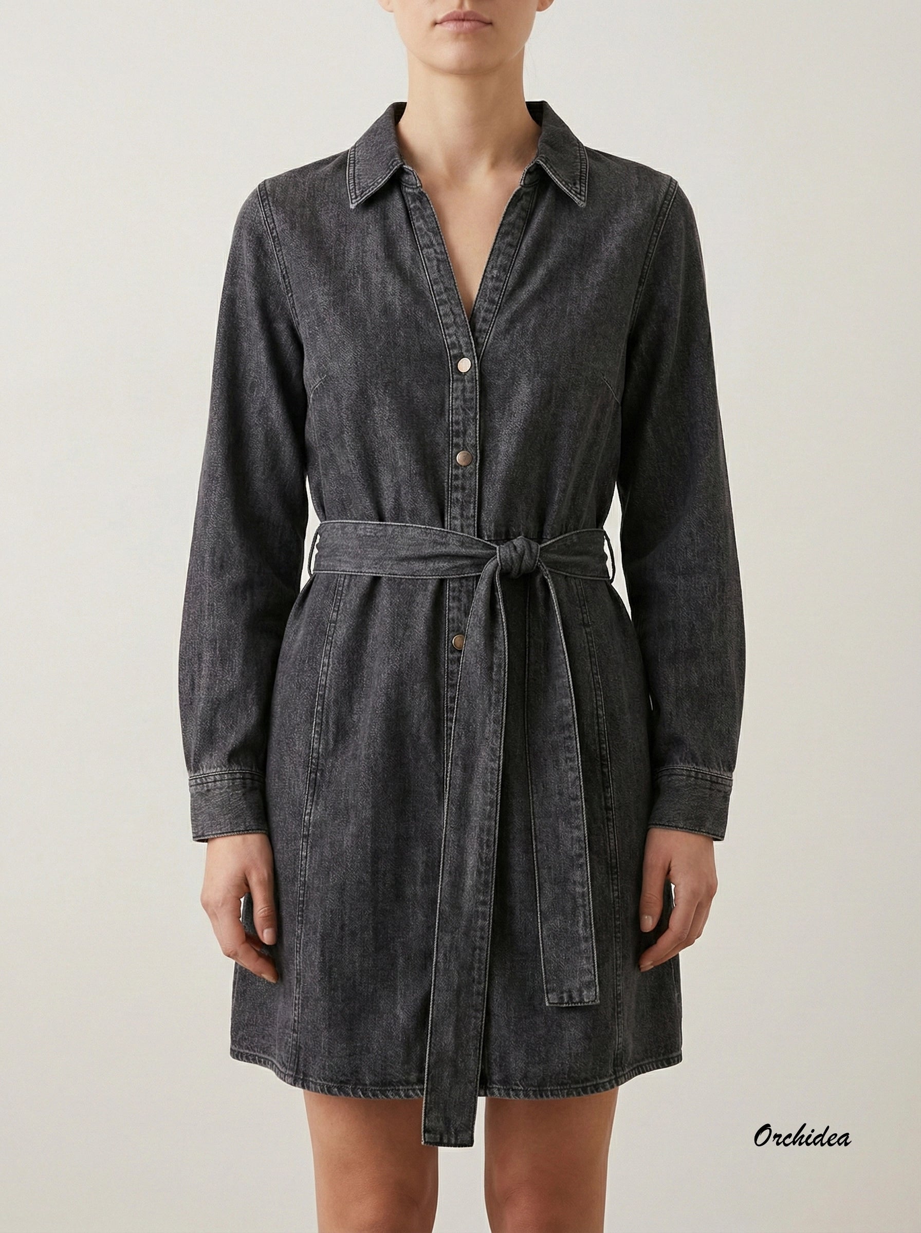 Tmavě šedé denimové košilové šaty s vázáním