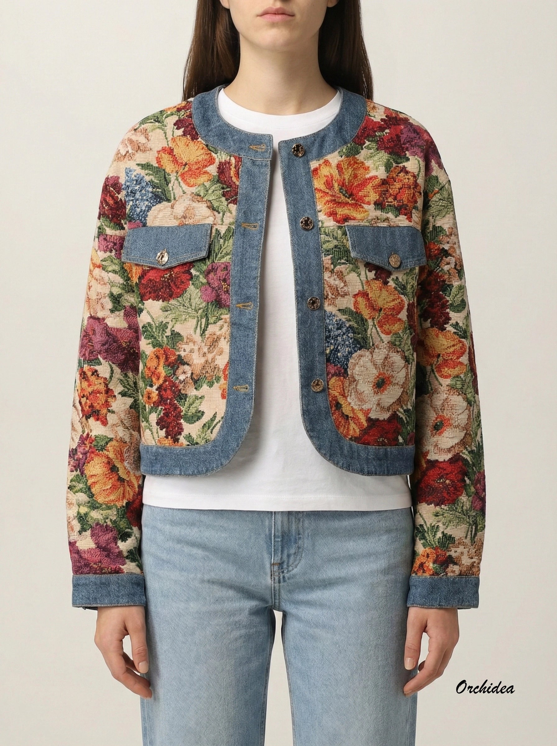 Květinová tapiserie bunda s džínovými detaily