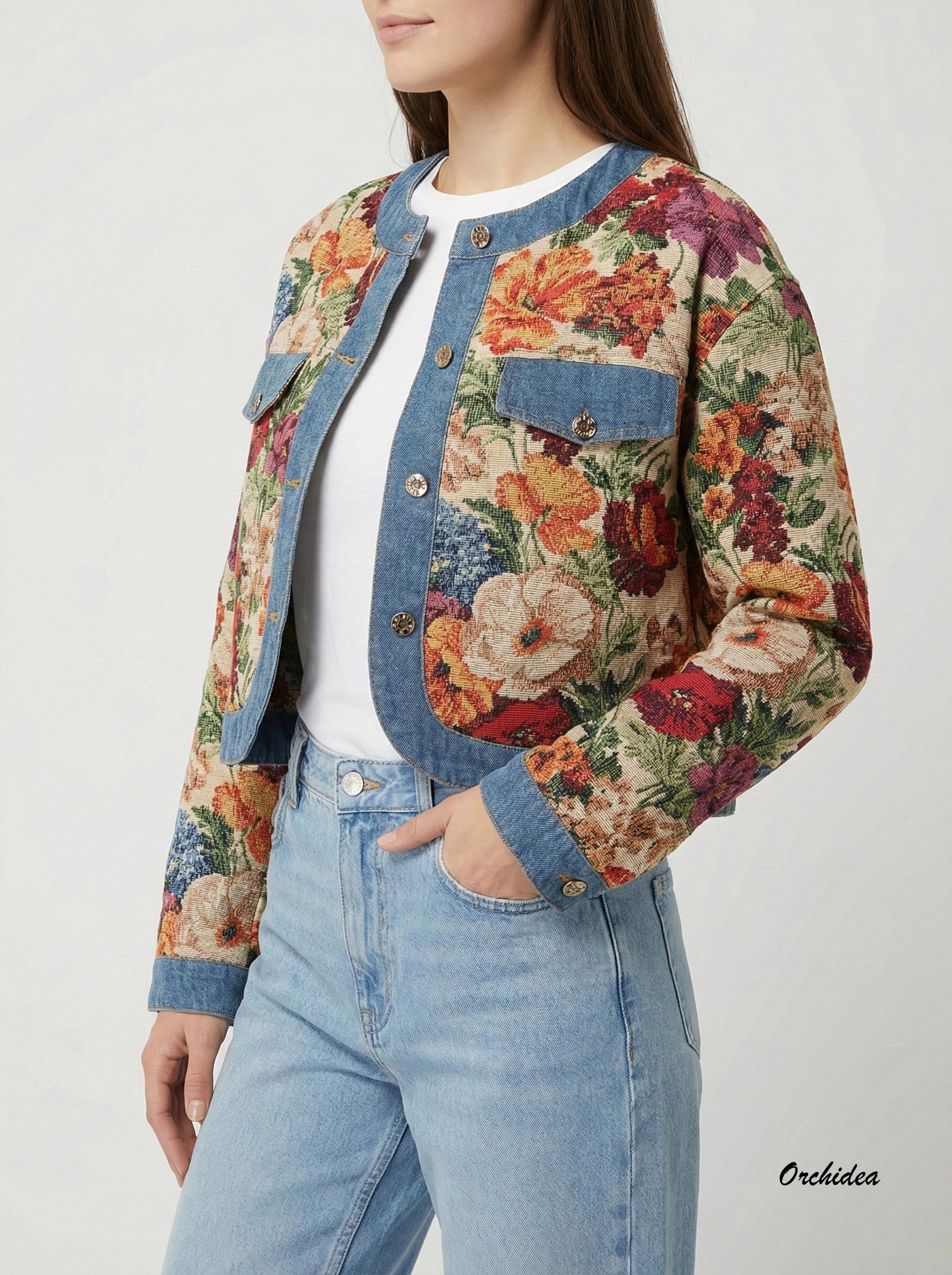 Květinová tapiserie bunda s džínovými detaily