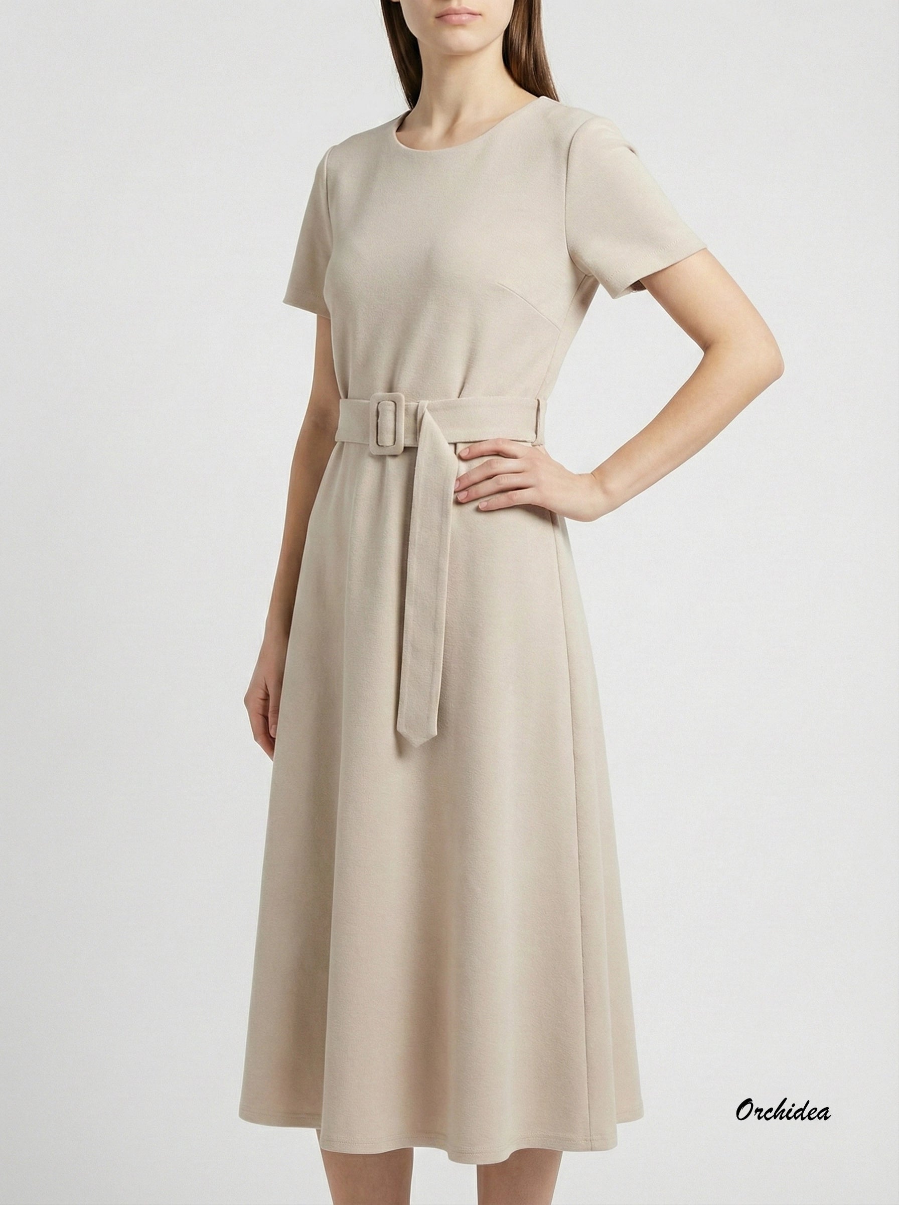 Elegantní midi šaty s páskem – Černá, Béžová a Nebeská modrá