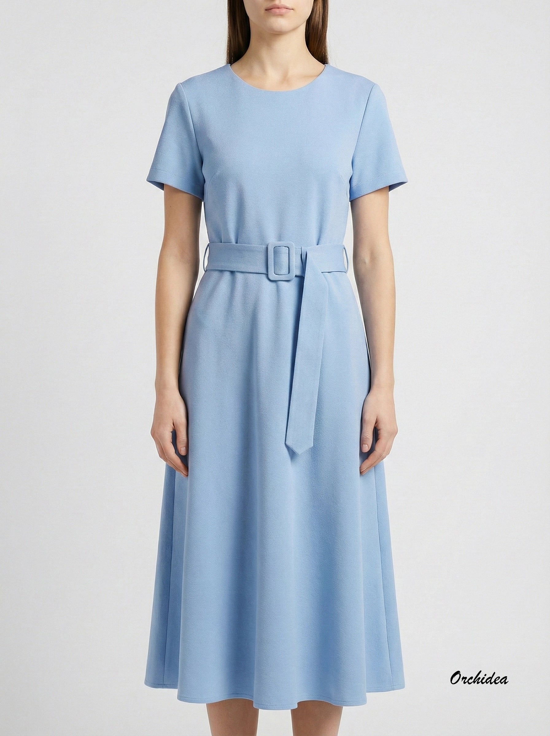 Elegantní midi šaty s páskem – Černá, Béžová a Nebeská modrá