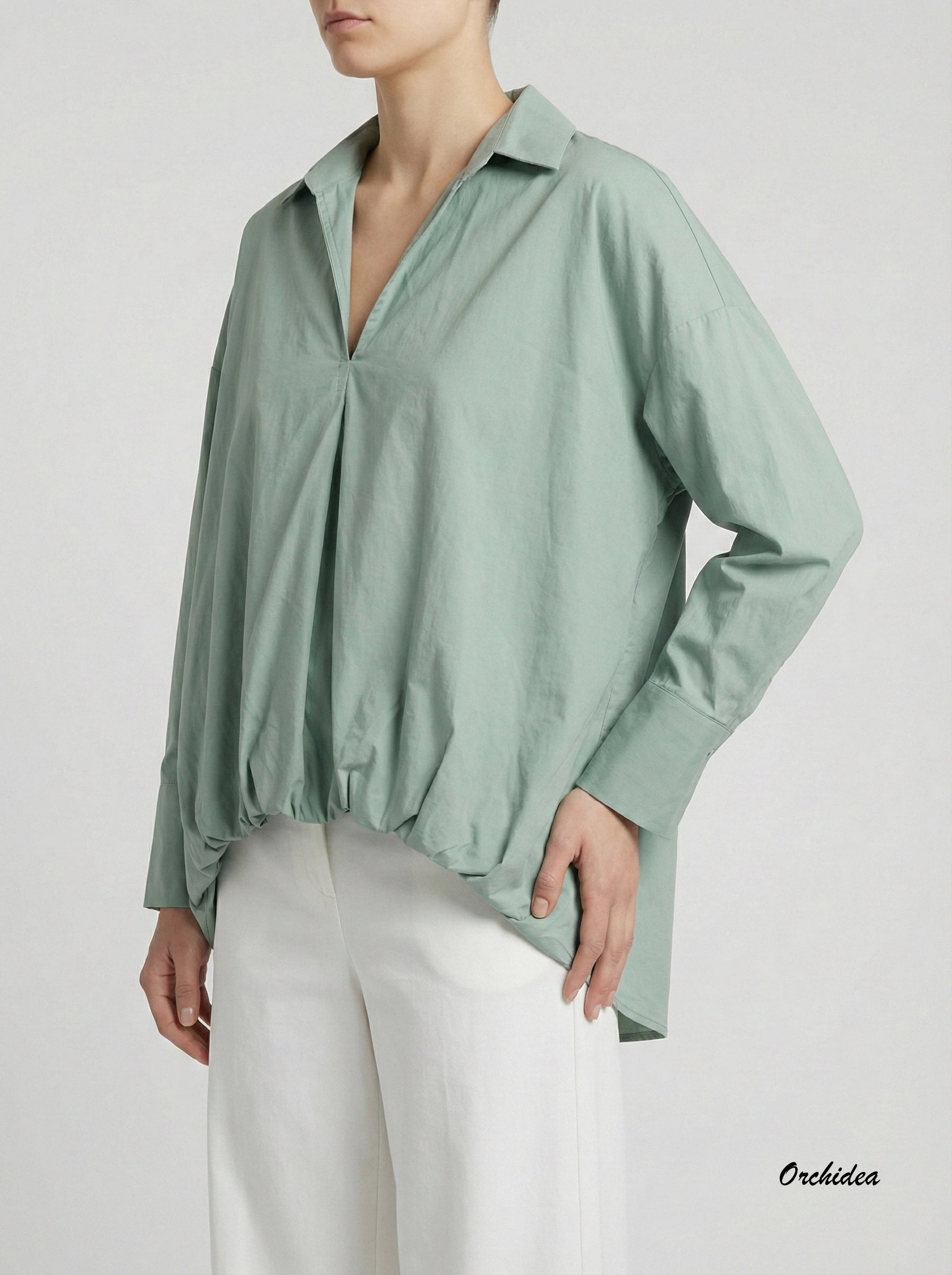 Oversized košilová halenka s balonový lemem – Mint
