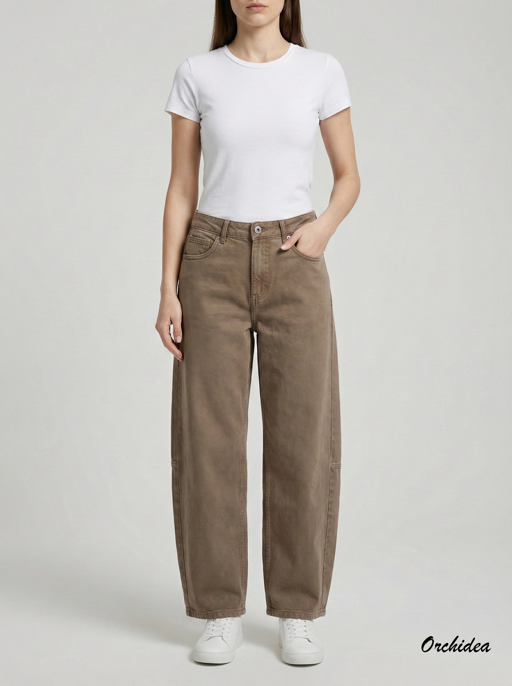 Hnědé strukturované kalhoty „Barrel“ střihu