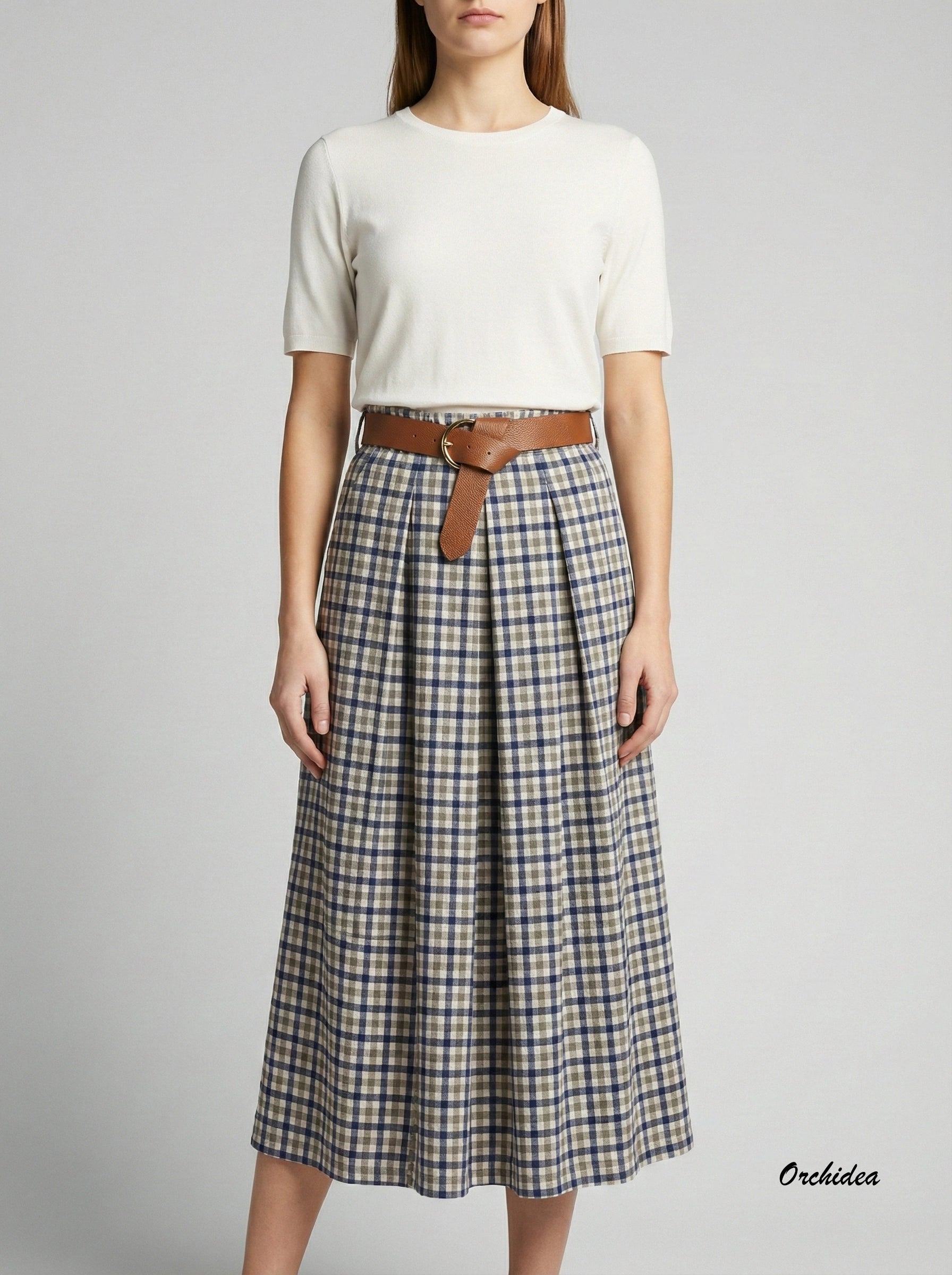 Midi sukně s kostkovaným vzorem a páskem