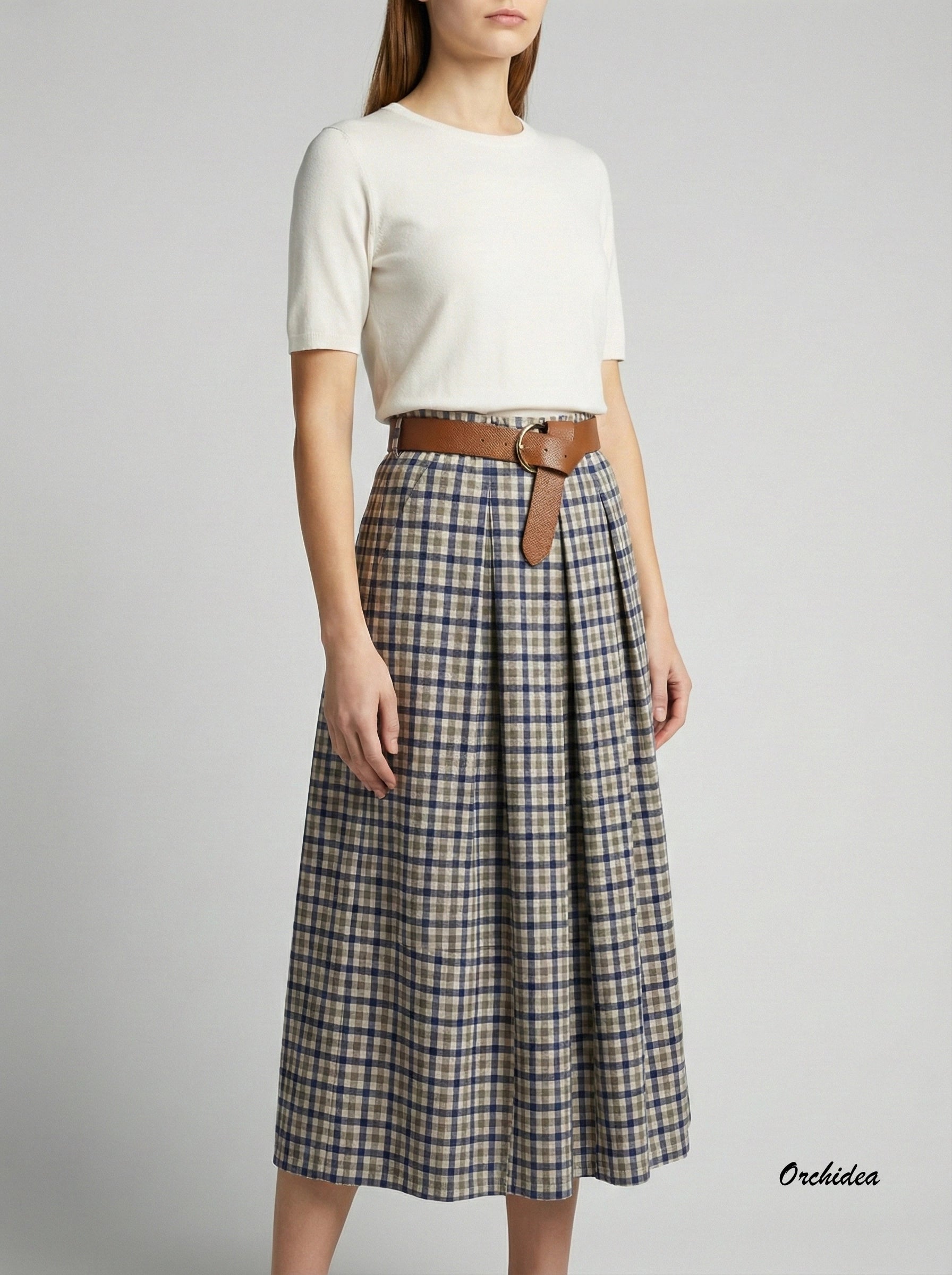 Midi sukně s kostkovaným vzorem a páskem