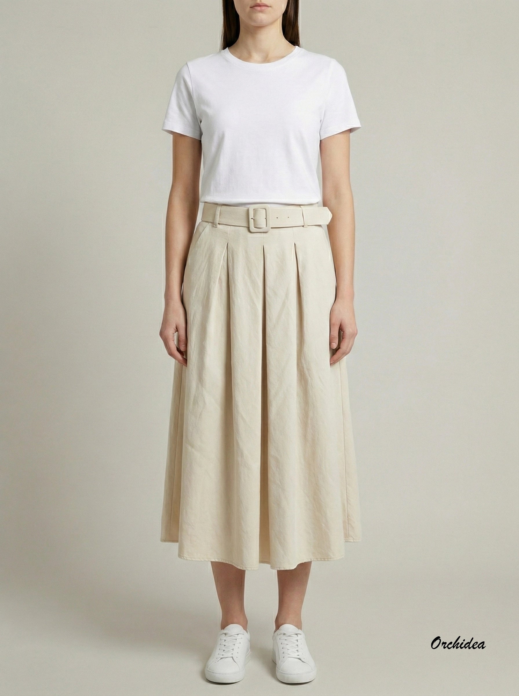 Sukně s páskem z imitace kůže béžová