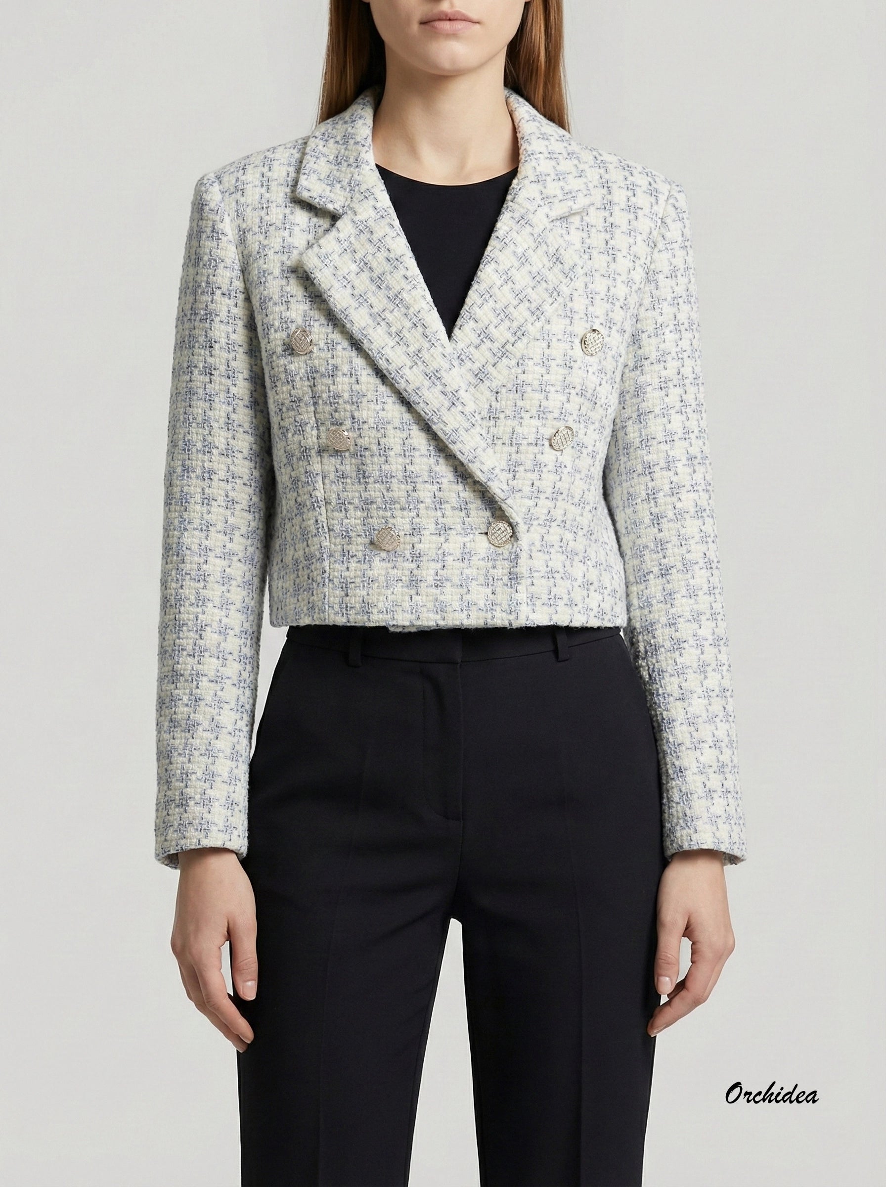 Krátké tvídové sako s ozdobnými knoflíky