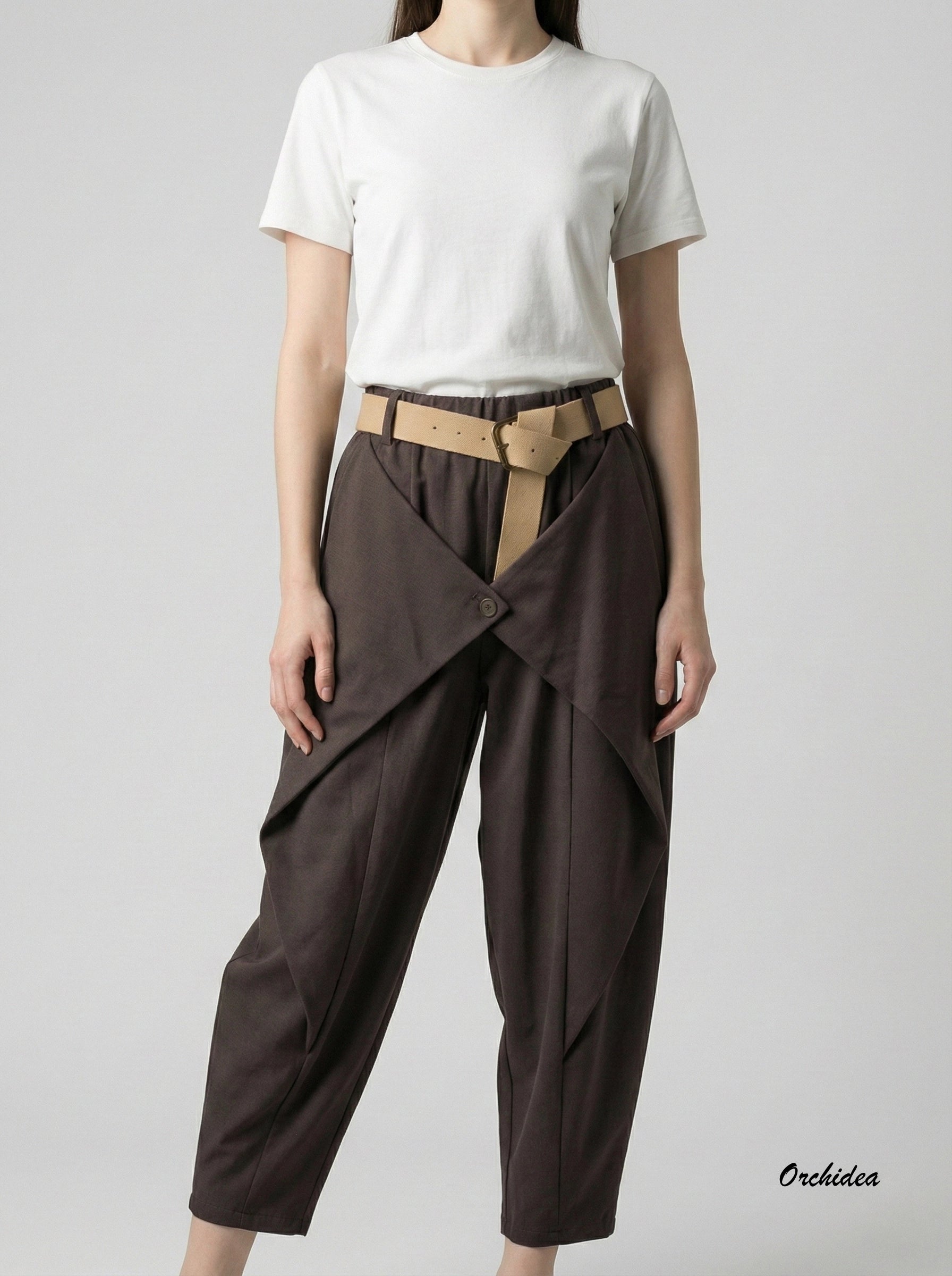 Designové kalhoty s originálním překřížením a páskem