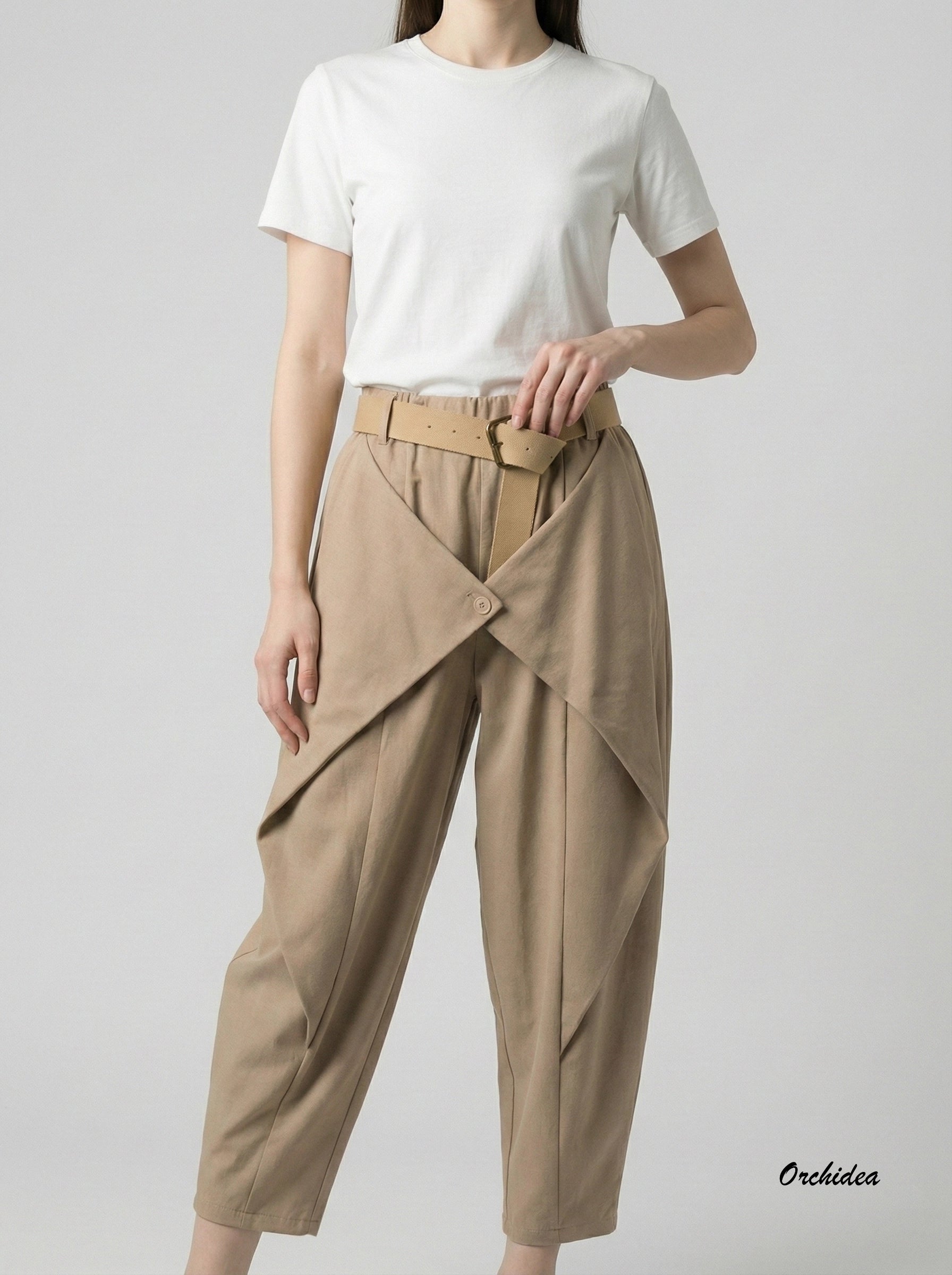 Designové kalhoty s originálním překřížením a páskem