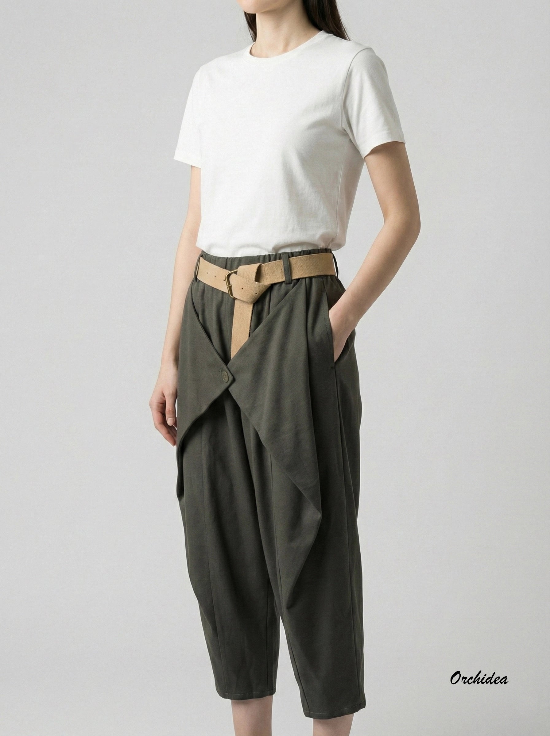 Designové kalhoty s originálním překřížením a páskem