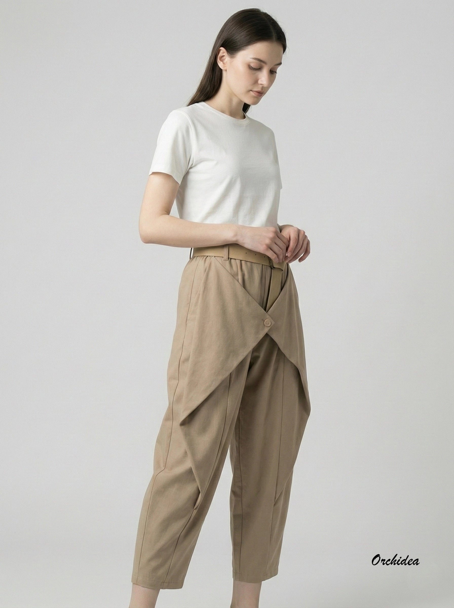 Designové kalhoty s originálním překřížením a páskem