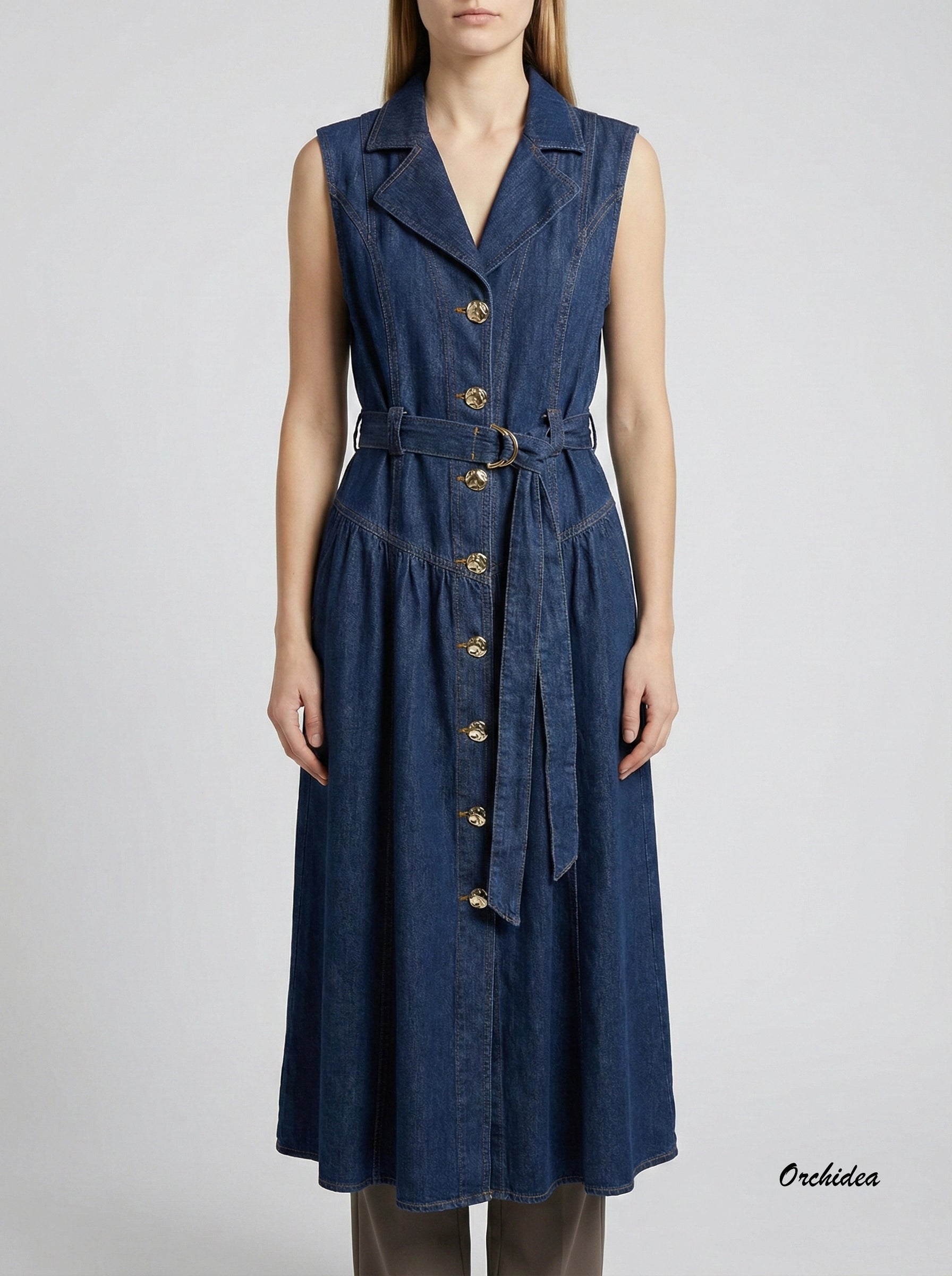 Denimové midi šaty s páskem