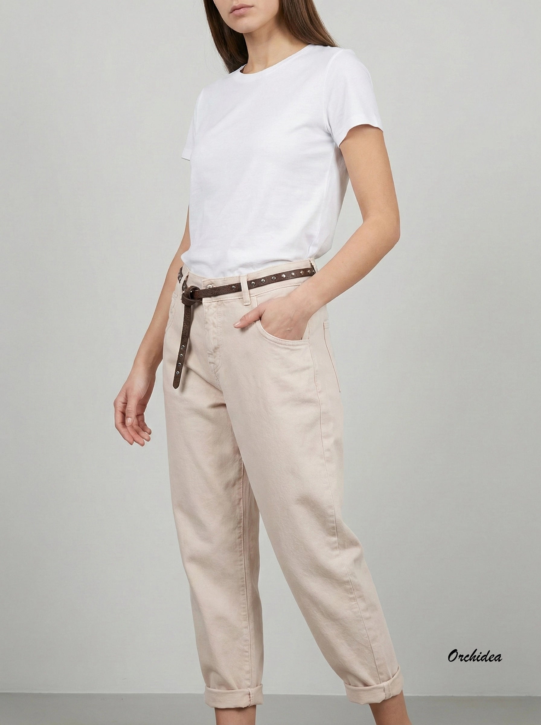 Stylové pudrové kalhoty s páskem